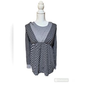 Motherhood Hooded Nursing Shirt Womens M Gray & Black Strip Long Sleeve Stretch